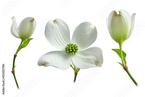 Flat-lay studio photo of single white dogwood blossom centered, soft lighting, top-down perspective, isolated on black background showing four cream petals and vibrant green textured bract photo