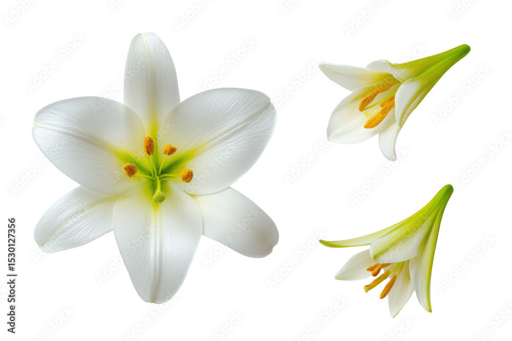 Fototapeta premium Flat-lay studio composition of Easter lily blooms symmetrically arranged, soft lighting, top-down angle, isolated on white background revealing pristine petals and bright anthers