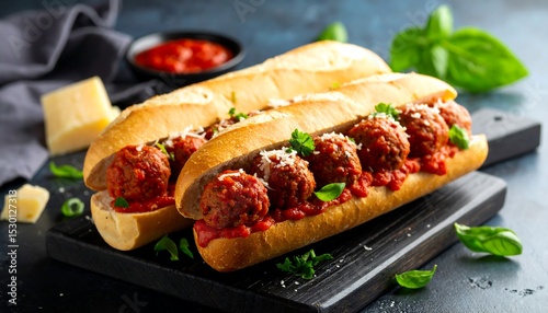 Meatball subs with cheese and basil.