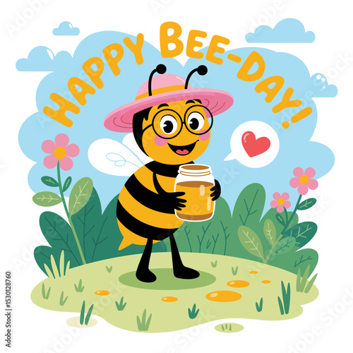 Happy Bee with a Jar of Honey