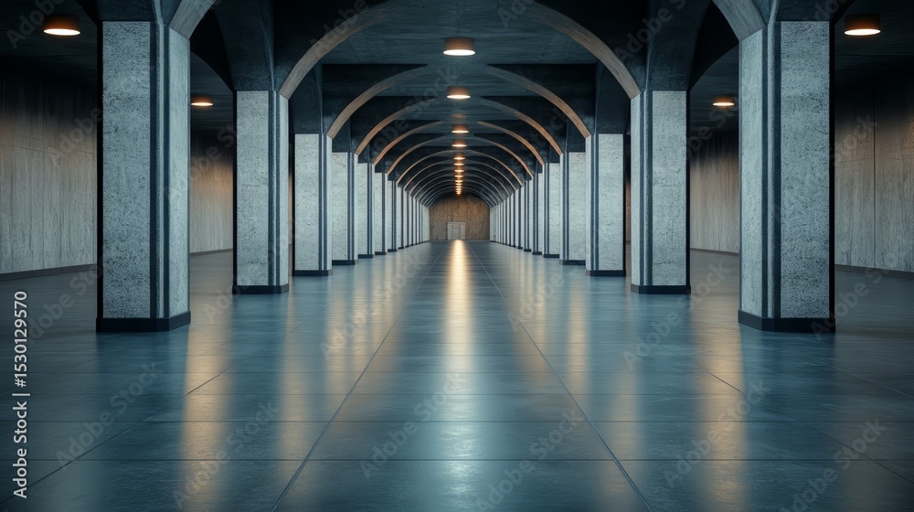 Naklejka premium Long, empty hallway with a few pillars. The light is on and the floor is shiny