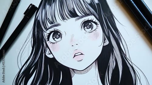 Pretty Anime Girl Drawing with Long Hair Marker Illustration