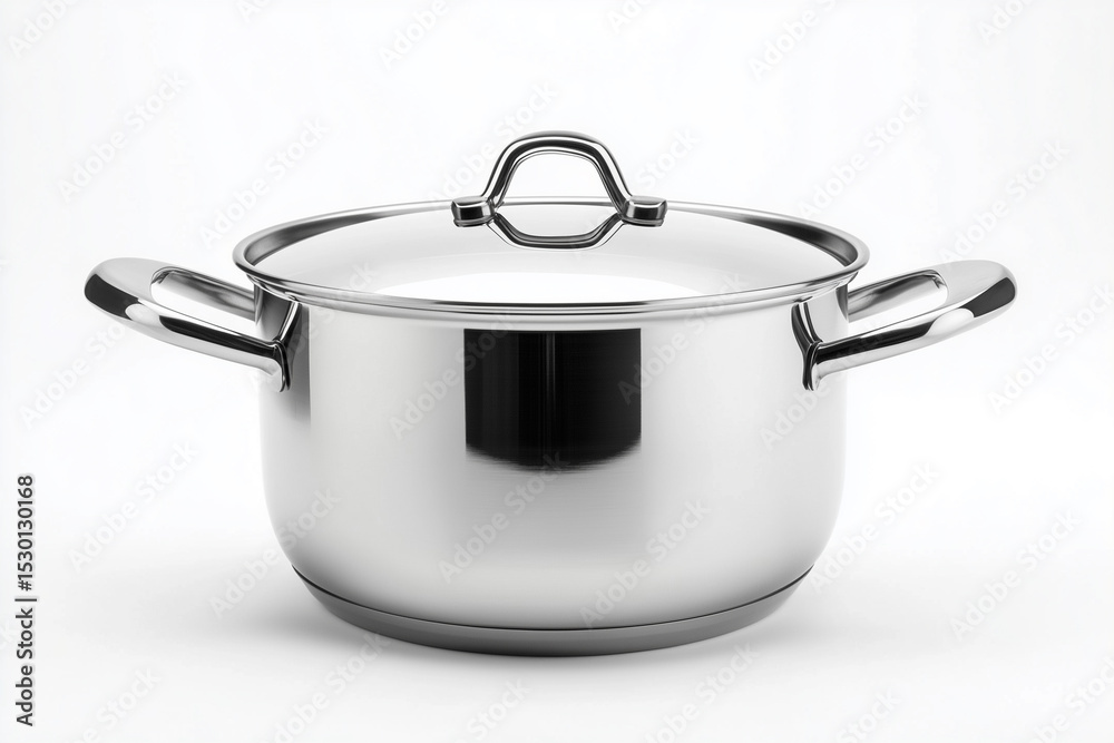 Stainless steel cooking pot with insulated lid over glass Stainless steel cooking pot with insulated lid over glass