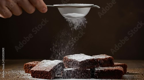 Sprinkling of Sweetness: Hand sifting powdered sugar over freshly baked brownies, creating a visually enticing and evocative moment in the realm of culinary delight.