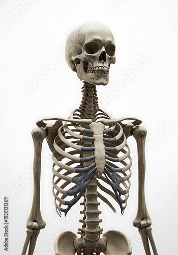 Anatomical Human Skeleton Standing Against White Backdrop