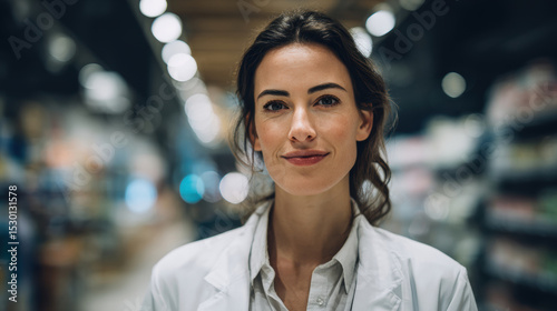 Professional pharmacist in white coat smiling confidently in pharmacy setting