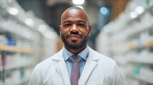Professional pharmacist in white coat smiling confidently in pharmacy aisle