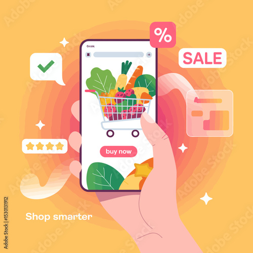 Colorful Cart with Fruits and Vegetables in Shopping App on Smartphone