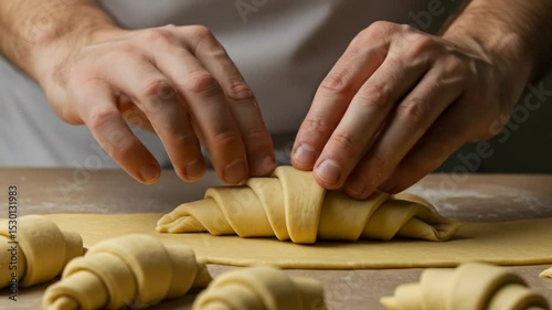 Crafting Croissants: A close-up captures hands meticulously shaping buttery croissants, an artful display of culinary expertise, highlighting the beauty of the baking process.