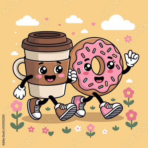 Coffee and Donut Walking in a Flower Field