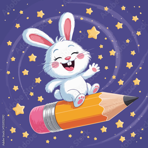 Bunny Flying on a Pencil