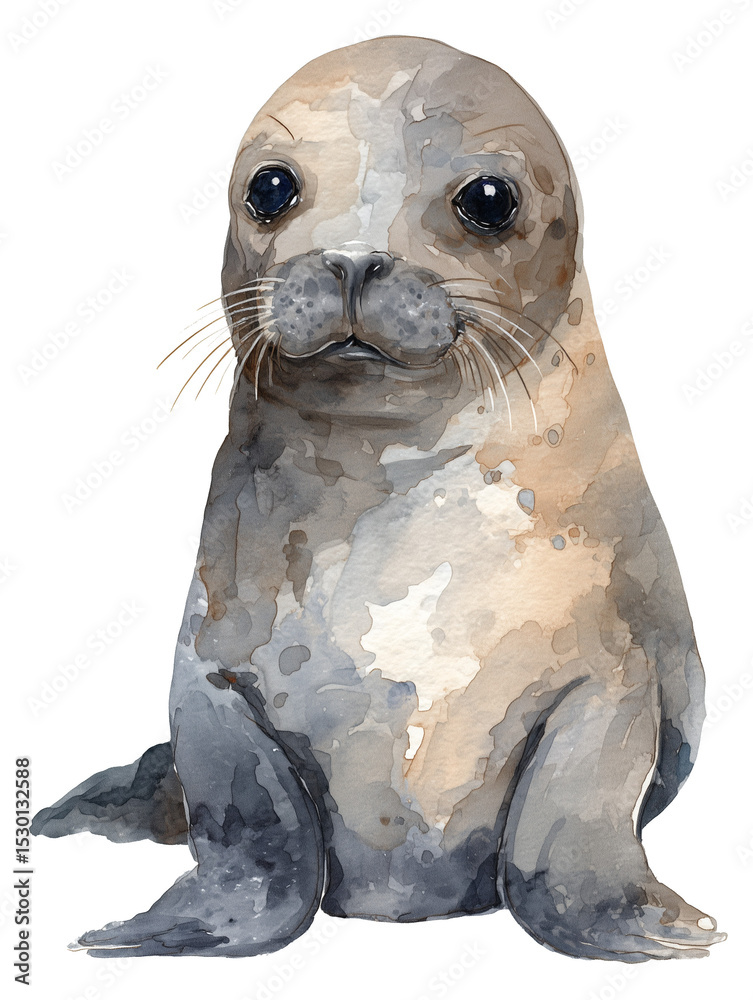 Fototapeta premium 펜 드로잉 그림과 수채화 채색 물범 가족