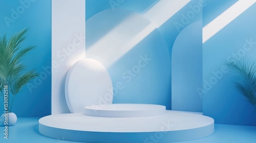 Minimalist Stage with Plant: A serene, minimalist setting featuring a tiered stage with a lush potted plant, bathed in the play of light and shadow, creating a tranquil ambiance

