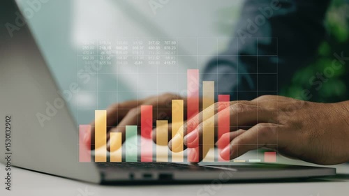 Close-up of hands working on laptop with stacked bar chart data overlay in business workspace.