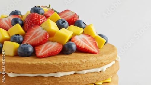 Sweet Summer Delight: A delectable fruit cake, bursting with the vibrant colors and flavors of fresh mangoes, succulent strawberries, and juicy blueberries, embodies the essence of a perfect dessert