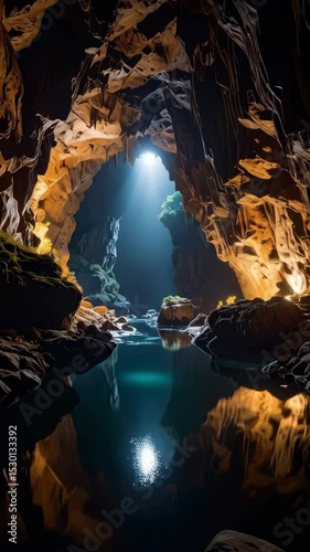 Mystical cave with flowing stream and glowing opening, creating tranquil and mysterious atmosphere.