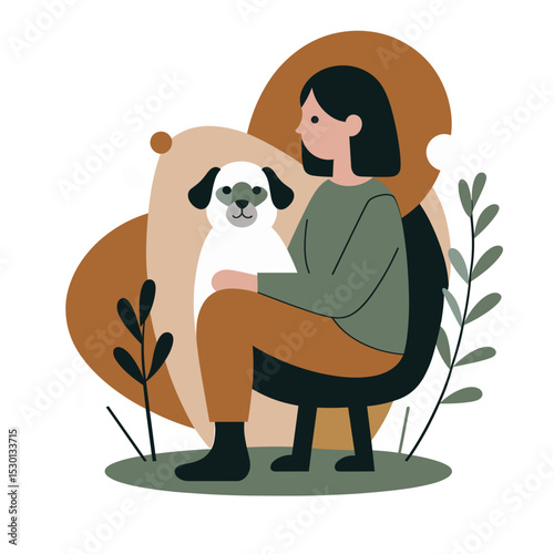 Young woman relaxing with dog in cozy chair, Flat Design – Person with a Pet, Cozy Home Life Illustration for Website, Blog, Pet Care Design