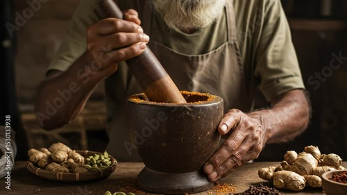 Artisan Crafting Spices: A seasoned artisan meticulously grinds spices in a mortar, evoking the aroma of a spice market, with a close-up shot showcasing skill and culinary expertise. 