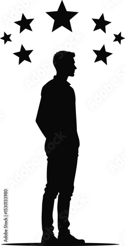 Silhouette of a person standing and looking up at stars. Concept of ambition, vision, dreaming big, personal growth, or achieving success. Vector icon isolated on transparent background.