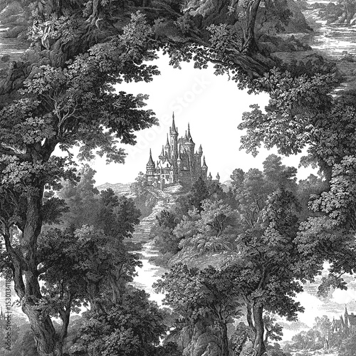 Seamless vector pattern with castles, hills, forests and plains. Traditional old European landscape scene. Vintage engraving style illustration.
