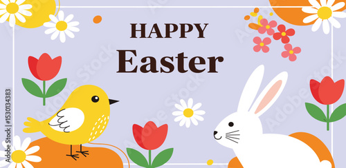 Happy Easter greeting card, poster, holiday cover or web banner. Trendy Easter design with hand drawn flowers, abstract shapes, eggs, Easter bunny, chick. Modern art style template for ads, print