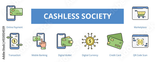 Cashless Society Lineal Color Banner Web Icon Set Vector Illustration, Online Payment Transaction Mobile Banking Digital Wallet Currency Credit Card QR Code Scan Marketplace