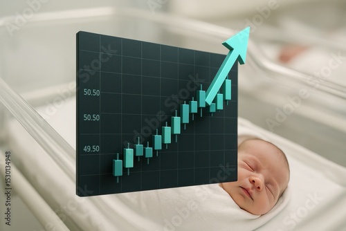 Baby Sleeping Peacefully Next to Business Graph Displaying Upward Growth and Positive Financial Trends with Increasing Bar Chart and Arrow on Dark Background