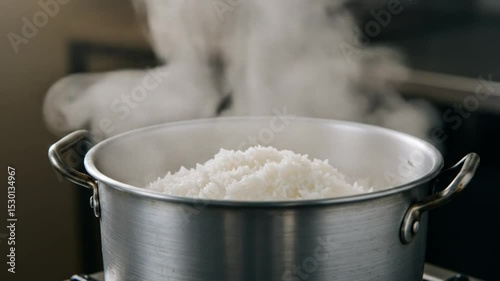 Steaming Rice: A close-up captures a pot of freshly cooked, fluffy rice, releasing a gentle cloud of steam, hinting at a warm and comforting meal.