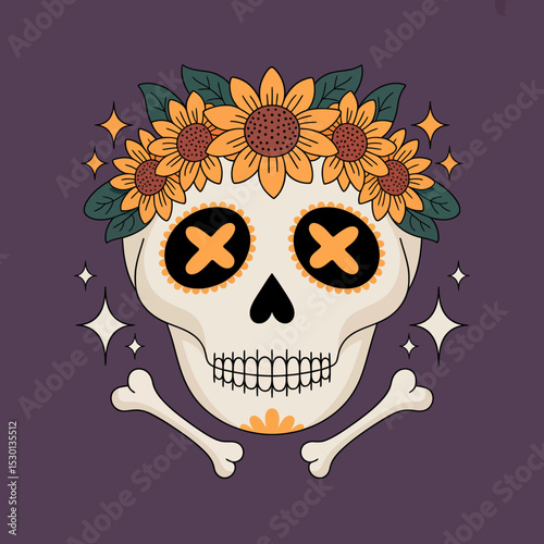Day of the Dead Skull with Sunflowers