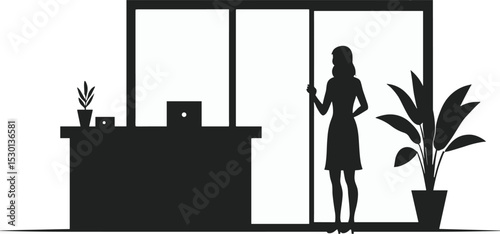 Silhouette of a woman at a reception area or office entrance, near a desk and potted plants. Office, receptionist, lobby, or front desk concept. Vector icon isolated on transparent background.