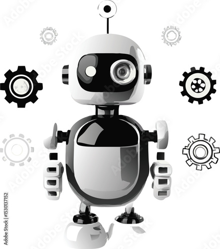 Cute futuristic 3D robot character with a blue screen laptop