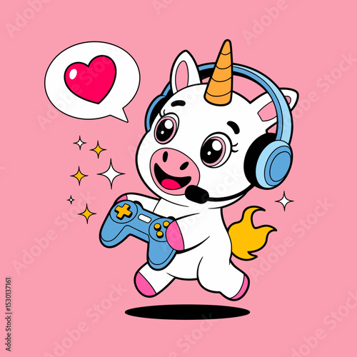 Unicorn Gamer with Headset and Heart