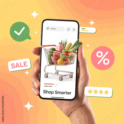 Smartphone Shopping Cart with Fruits and Vegetables