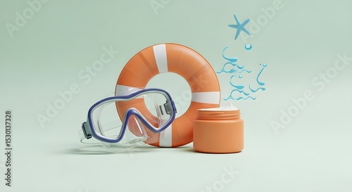 Colorful snorkeling gear and safety equipment by the beach with summer vibes and ocean themes