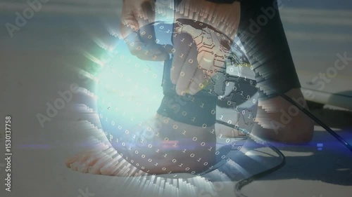 Rotating digital globe over barefoot initiating hand gripping strap threading buckle securing foot
