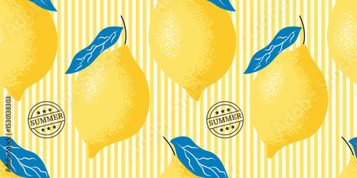 Seamless pattern with Amalfi lemons, Italian script and botanical border. Vector illustration for packaging or decor