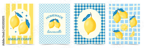 Set of citrus fruits vertical posters. Summer print with hand drawn lemon and leaves. Mediterranean Dolce vita aesthetic. Elegant design for menu, card, banner, cover