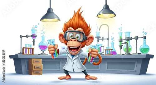 Mad cartoon monkey scientist with spiky hair and test tubes. Crazy and funny lab character on white background.
