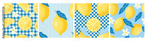 Seamless patterns set with lemons and leaves. Amalfi. Italian Mediterranean theme. Vector illustration for packaging, decor, branding