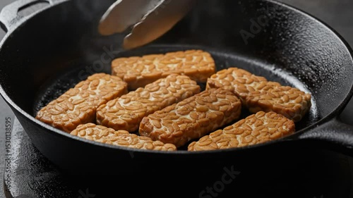 Tempeh frying in a cast iron pan: Close-up of tempeh slices cooking in a hot cast iron skillet, showcasing the texture and browning process.