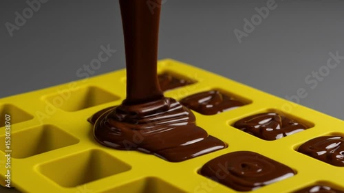 Sweet Temptation: A close-up captures the artistry of pouring rich, decadent dark chocolate into a vibrant yellow mold, ready to create delectable treats for the most discerning palate.