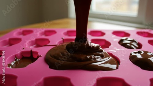 Pouring Chocolate: An evocative close-up captures the artistry of pouring melted chocolate into a heart-shaped mold, highlighting the allure of culinary delights and the sweet process of creation.