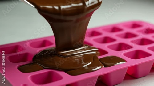 Pouring Chocolate: Indulge in the lusciousness of a rich, dark chocolate stream as it flows into a vibrant pink mold, promising delightful confectionary creations.