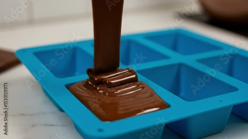 Chocolate Pour: A visual of warm chocolate pouring into a silicone mold, showcasing the art of confectionary delight and indulgence.