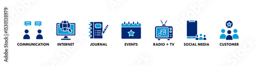 Public relations - pr banner web icon vector illustration concept with icon of communication, internet, journal, events, radio, tv, social media, and customer