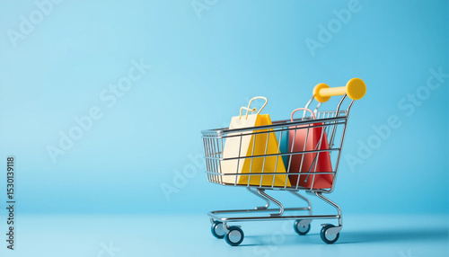 Colorful shopping bags in a cart on a blue background, representing retail and online shopping concepts.