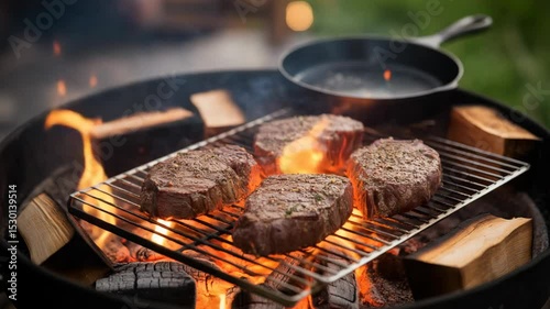 Perfectly cooked steaks on a hot grill outdoor cooking experience