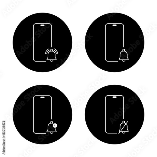 Notification smartphone icon set collection on black circle. Phone alarm bell sign symbol