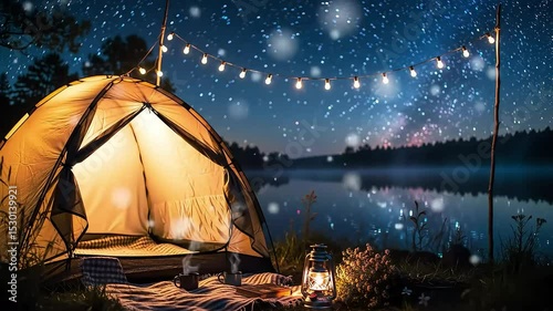 Romantic Lakeside Camping at Night – Starry Sky, Tent & Cozy Lights