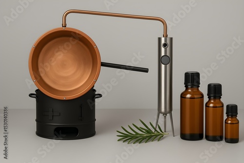 Copper distillation setup with essential oils and extraction tools in a minimalist workspace
